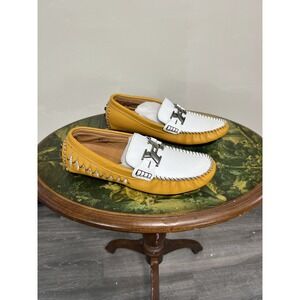 YXCUE Yellow White Leather Bit Buckle Pebble Sole Driving Shoes Loafers 9 10